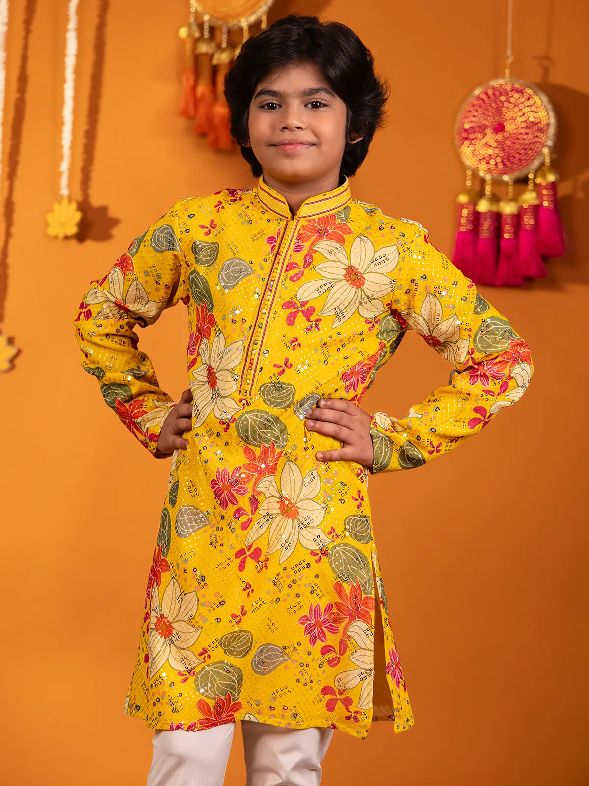 Mustard yellow silk printed kurta pajama