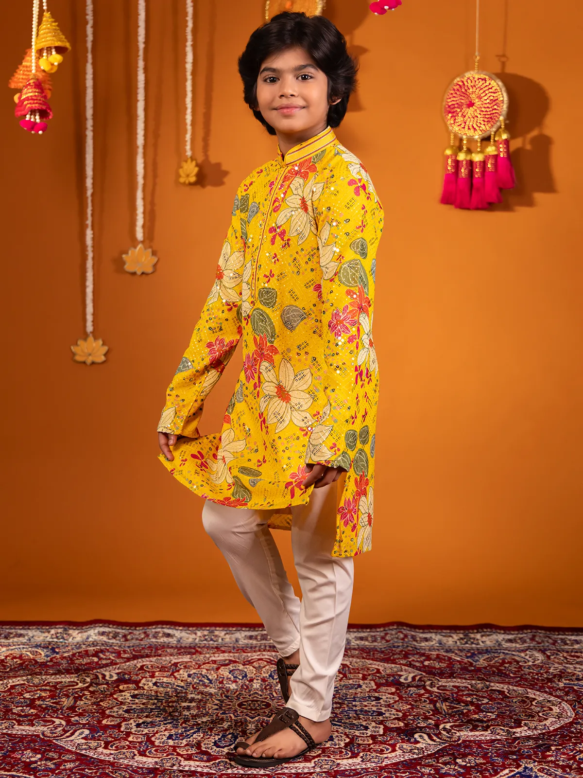 Mustard yellow silk printed kurta pajama