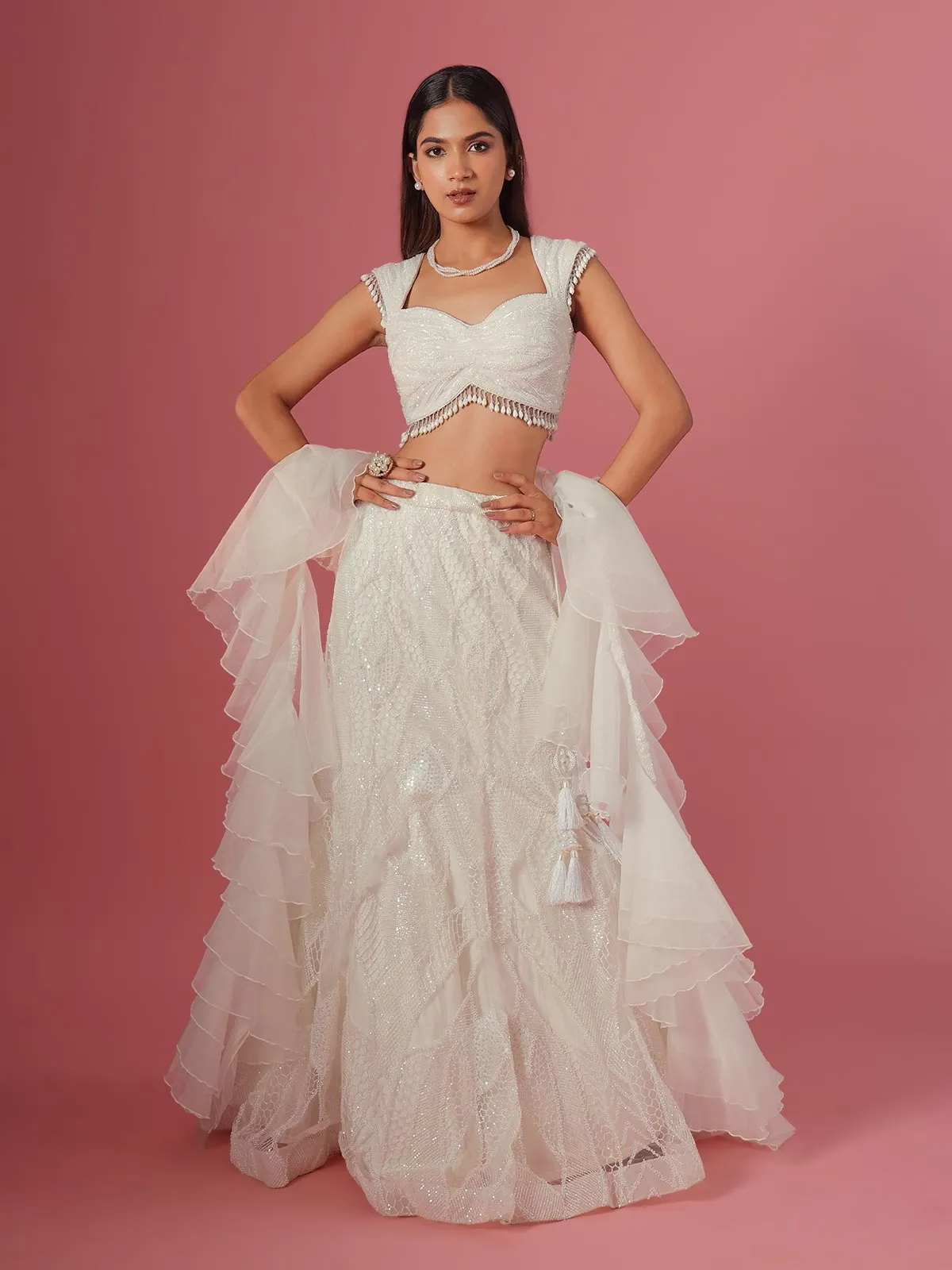 Trendy white lehenga choli with dupatta