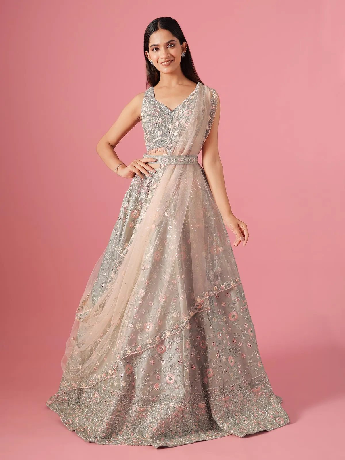 Elegant grey lehenga choli in raw silk