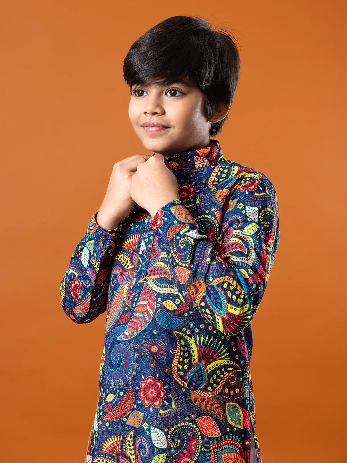 Navy printed cotton silk kurta suit for boys