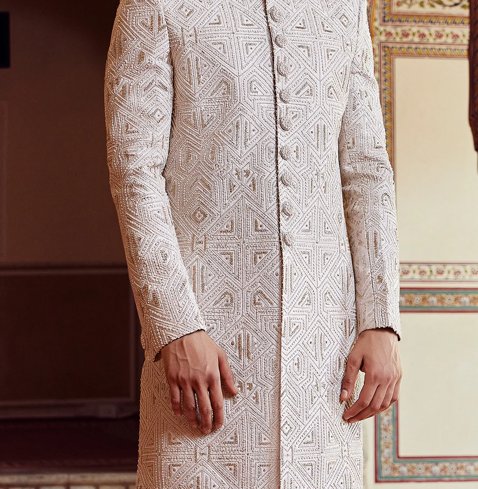 Peshwai style cream peach sherwani for groom