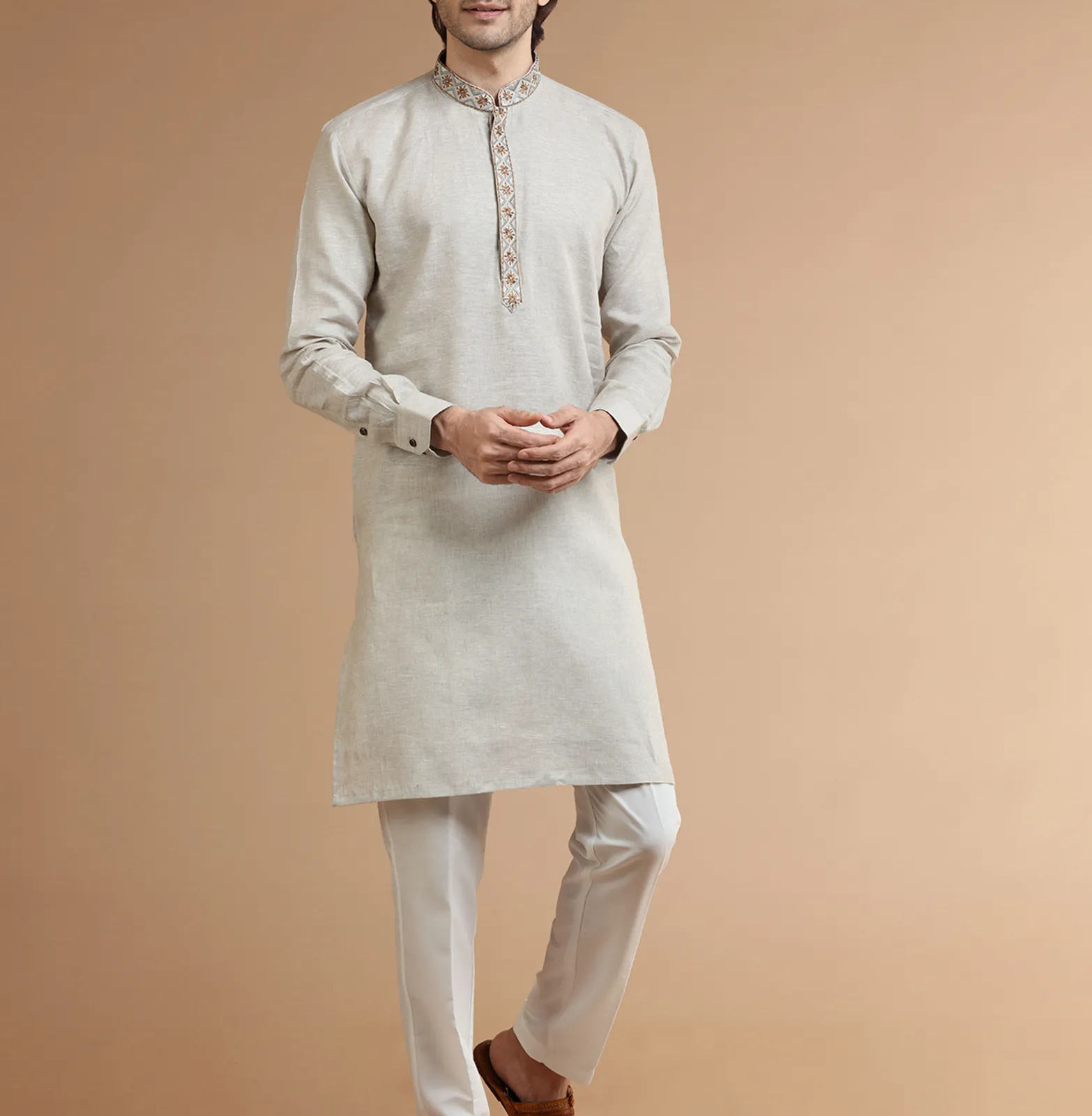 Plain linen beige  Men Kurta pajama