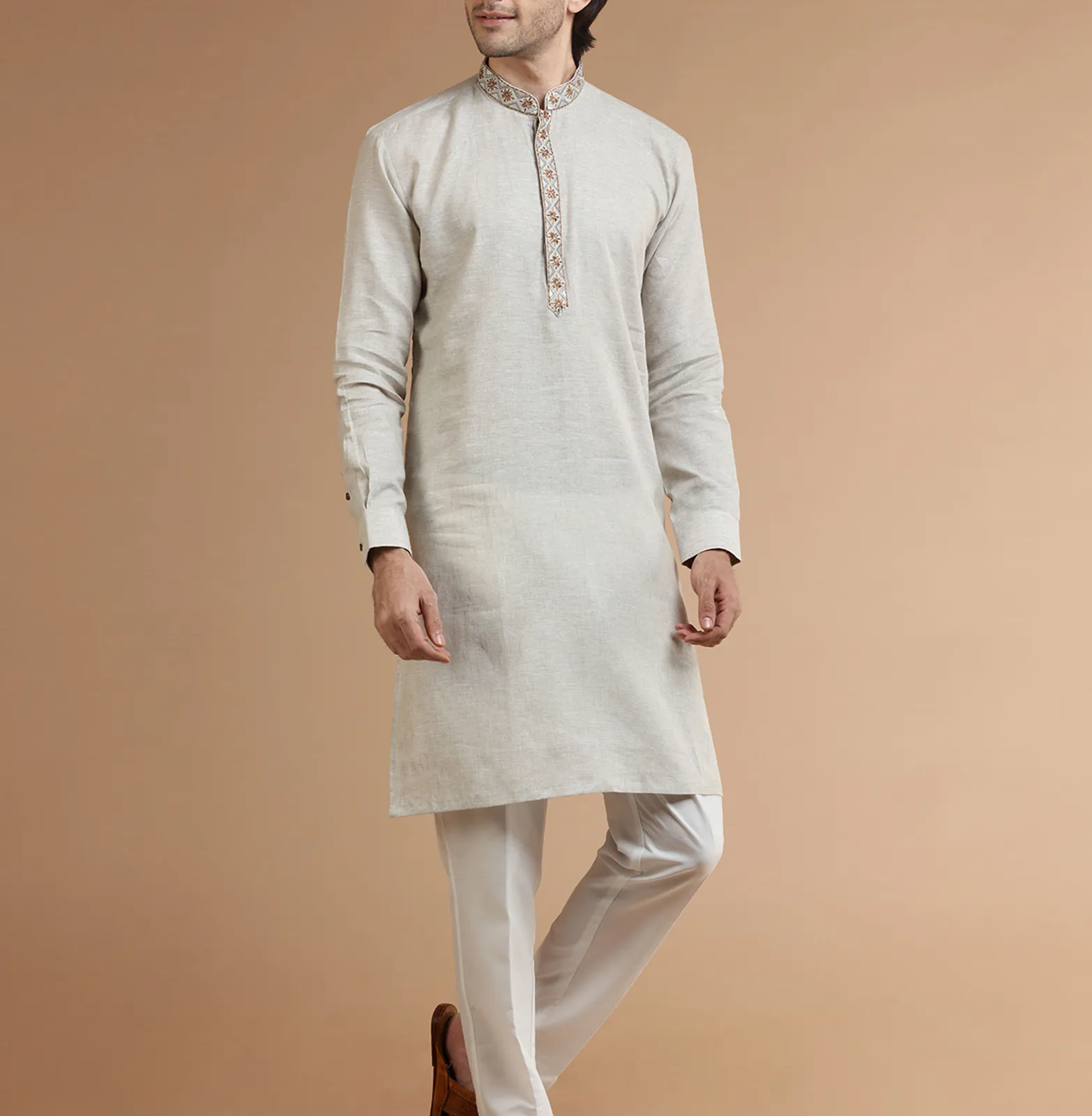 Plain linen beige  Men Kurta pajama