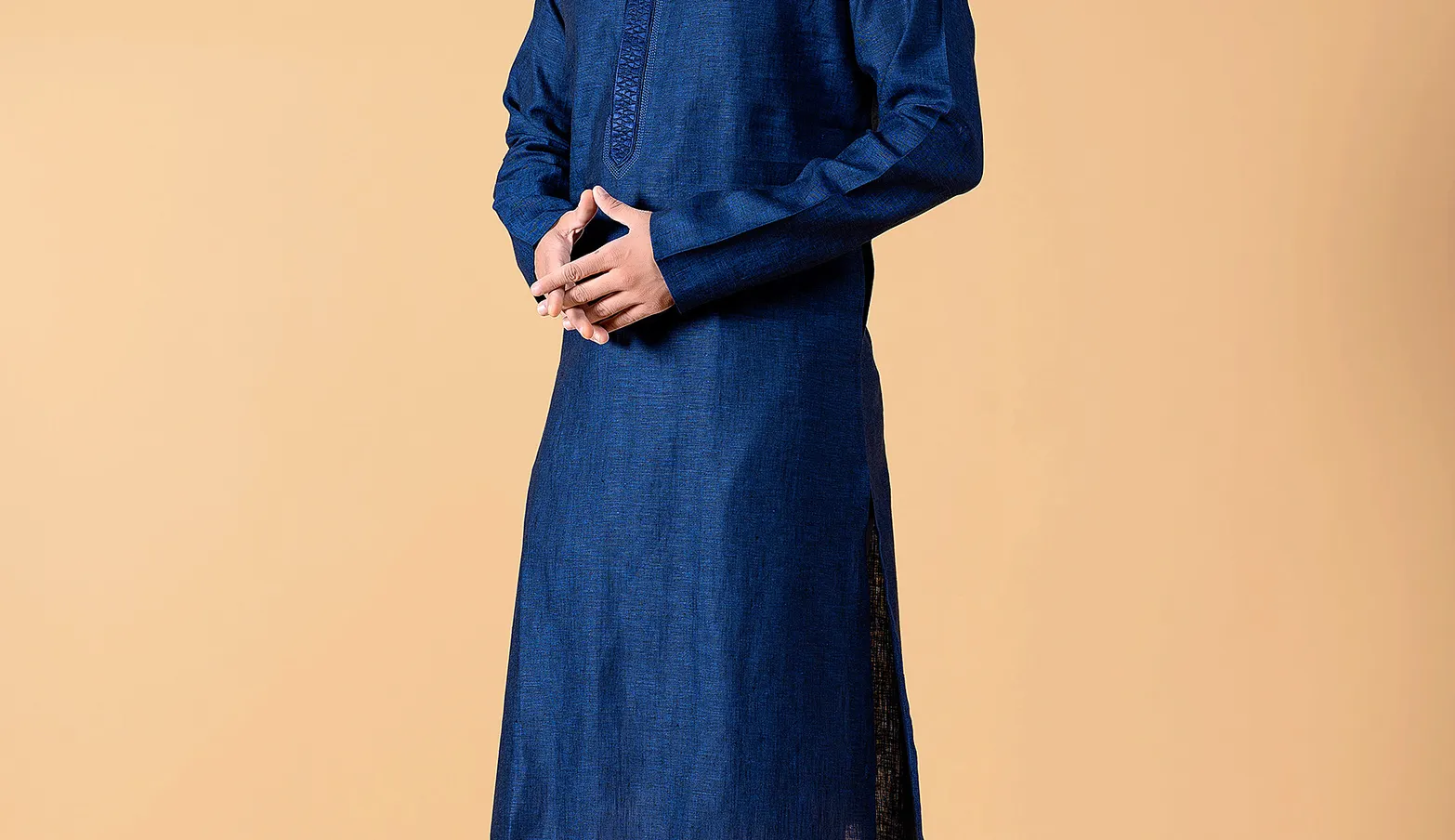 Classy plain dark blue linen  Men Kurta pajama