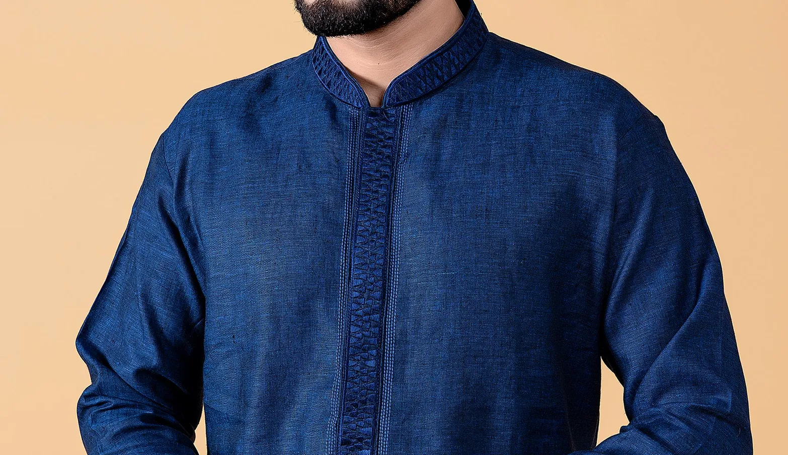 Classy plain dark blue linen  Men Kurta pajama