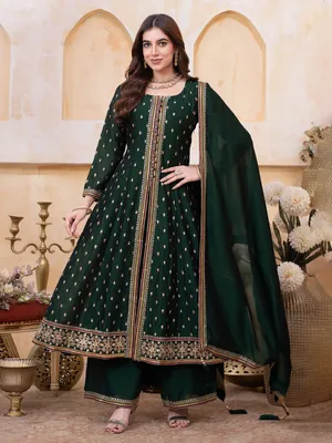 bottle green color combination dresses Bottle Green Georgette Embroidered Long Dress (Two Nos in One Set) main image 1