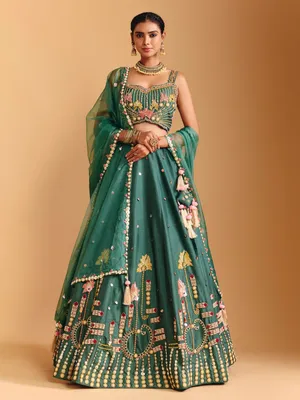 green lehenga dress Emerald Green Net Sequence Chinon Lehenga for Mehendi main image 0