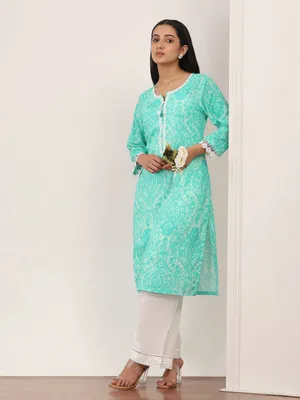 white christmas dresses Floral Blue Nyra Cut 2-Piece Cotton Kurti Set main image 0