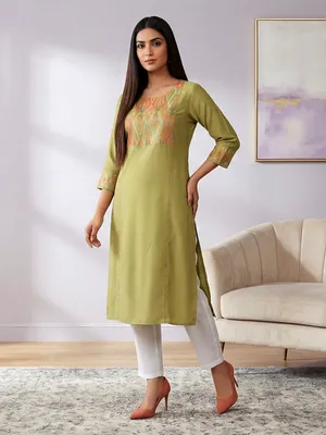 knee length dresses for ladies Green Kurta with Elegant Chikankari main image 1