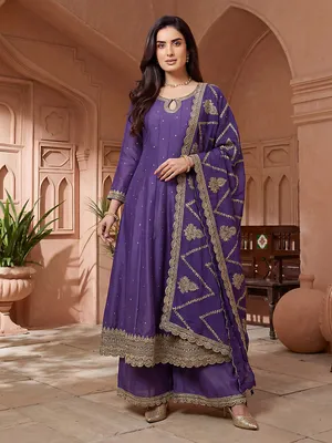 fitted lace wedding dress Purple Jacquard Embordered Festive Pant Salwar Suit main image 1