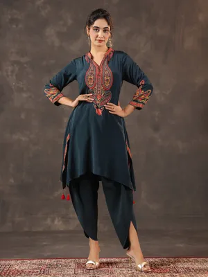 open lace back dress Women Sequin Crop Top with Dhoti Skirt and Long Jacket Indo Western Fusion Outfit M / Green main image 0