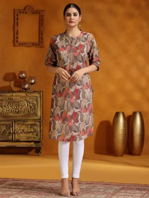 Women's Camouflage Print Kurti - Long Sleeve Cotton Tunic Dress, Indian Designer Casual Top