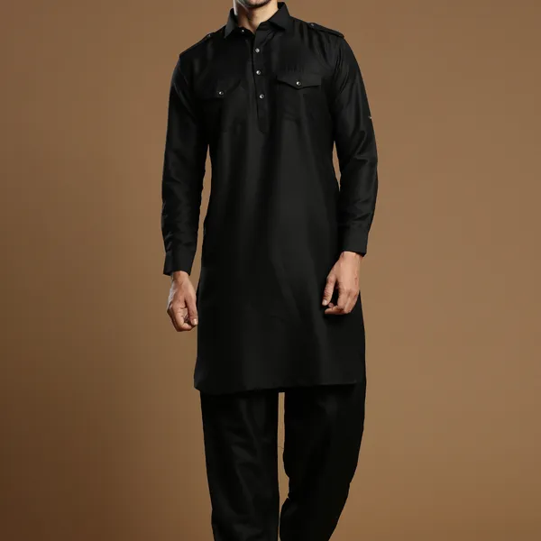 Black men festive occasions cotton silk pathani suit