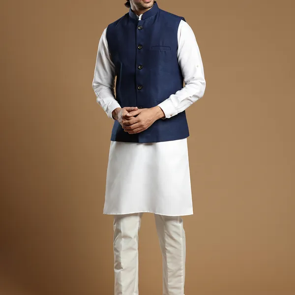 Cotton silk festive occasions navy waistcoat set for men