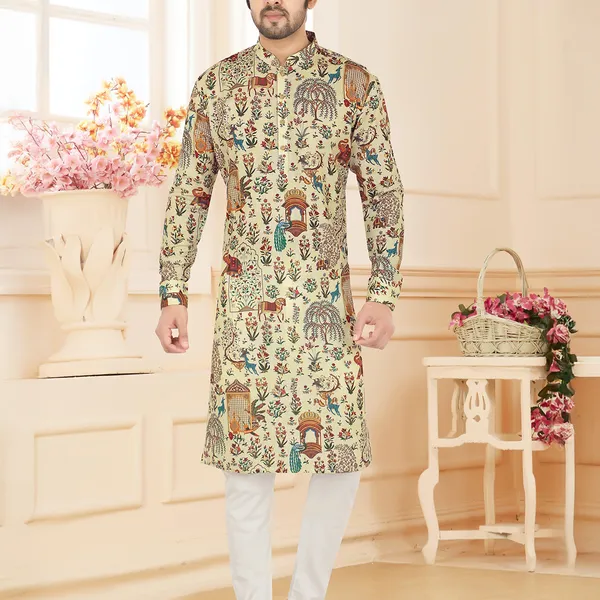 Cream cotton kurta pajam with print for men