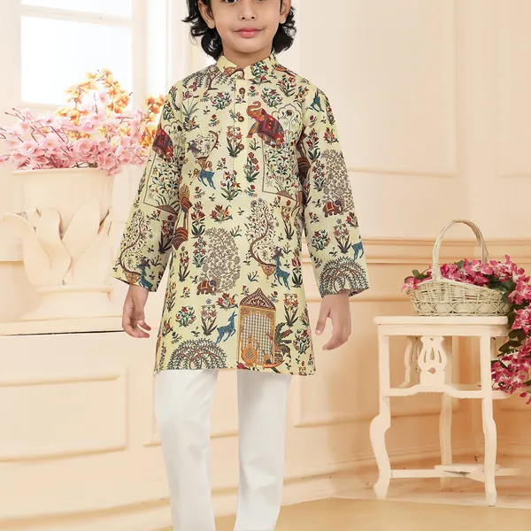 Cream cotton printed boys kurta pajama