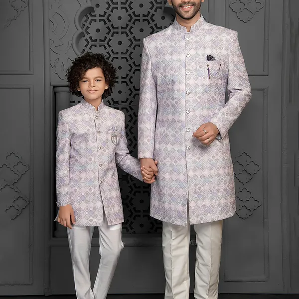Lilac purple silk indo western for father and son