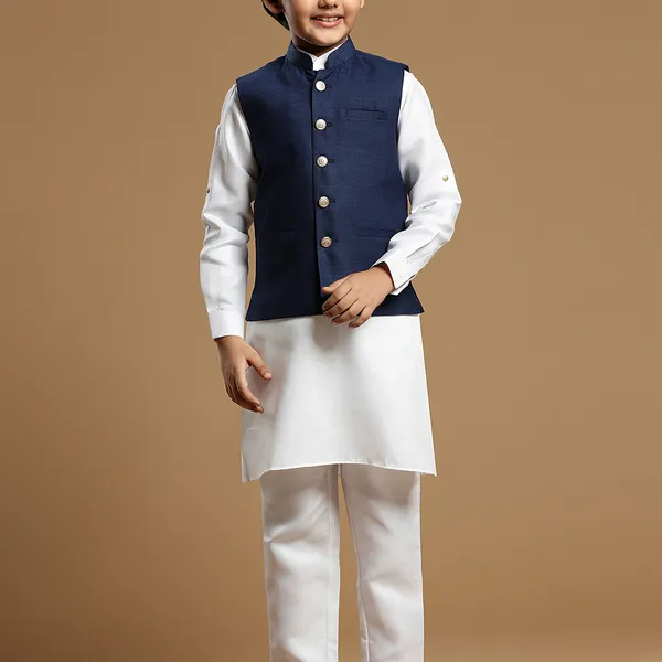 Navy color cotton silk waistcoat set for boys