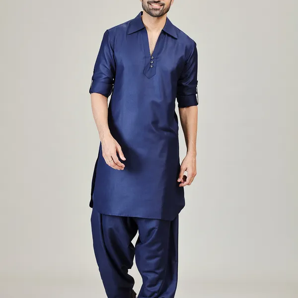 Navy plain pathani kurta suit in cotton silk
