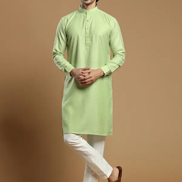 Pista green festive wear solid men kurta set in cotton