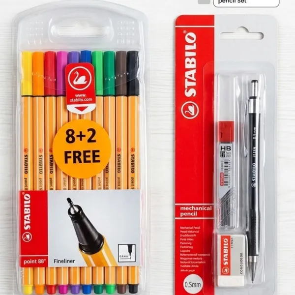 Fineliner pen 10 pcs + Eraser 1 pc + Mechanical pencil 1pc + lead 0.5mm 12 pc