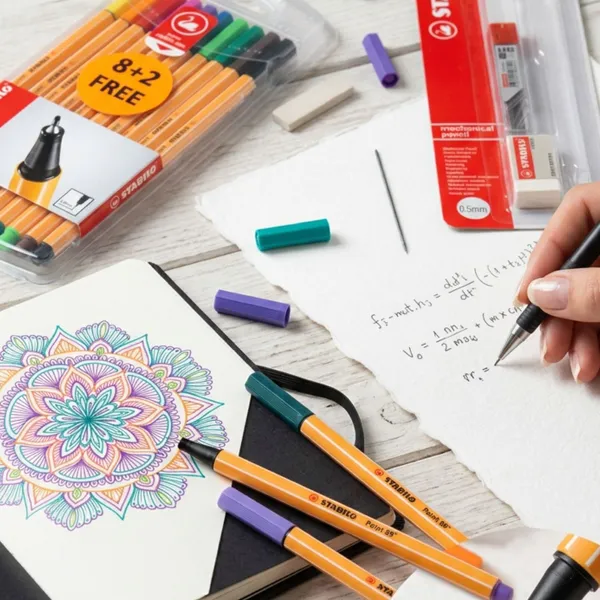 Fineliner pen 10 pcs + Eraser 1 pc + Mechanical pencil 1pc + lead 0.5mm 12 pc