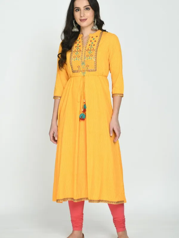 Yellow Yoke Embroidered Flare Dress