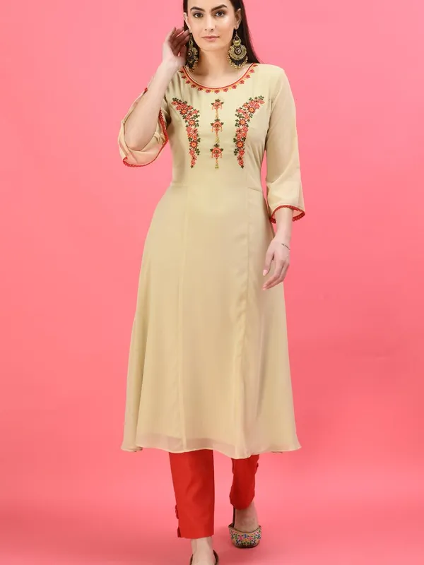 Beige Ethnic Motifs Embroidered Ethnic Midi Dress