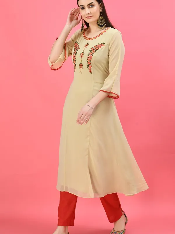 Beige Ethnic Motifs Embroidered Ethnic Midi Dress