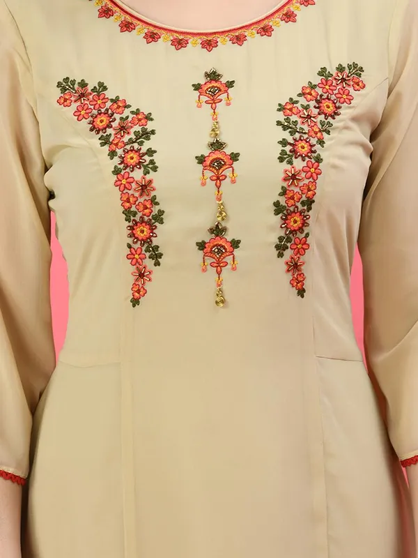 Beige Ethnic Motifs Embroidered Ethnic Midi Dress