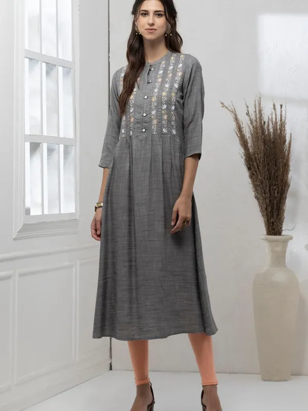 Grey Yoke Embroidered A-Line Dress