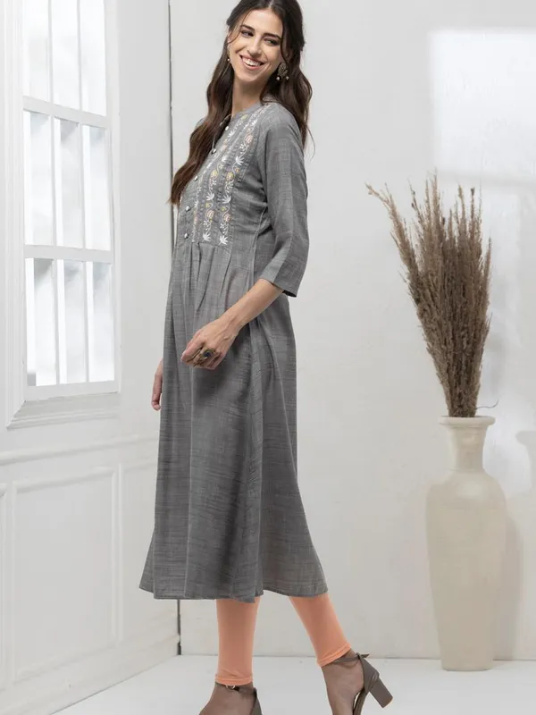 Grey Yoke Embroidered A-Line Dress