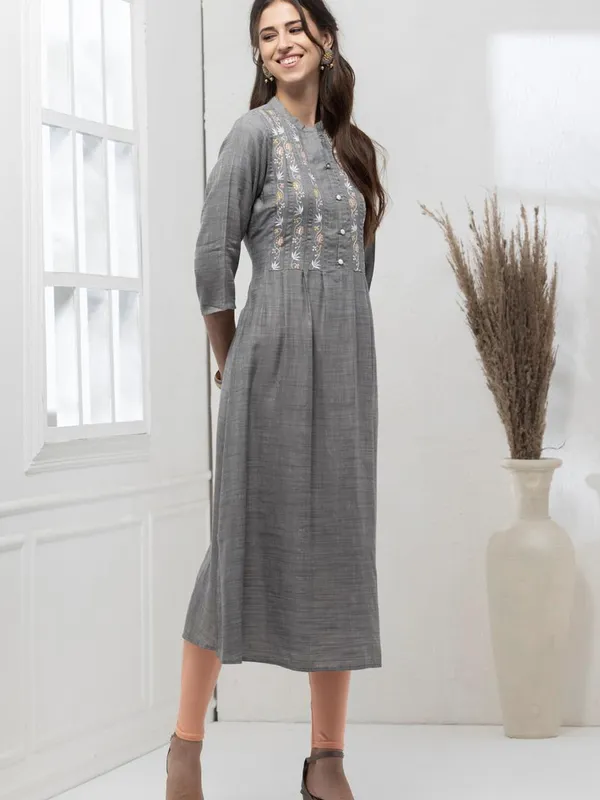 Grey Yoke Embroidered A-Line Dress