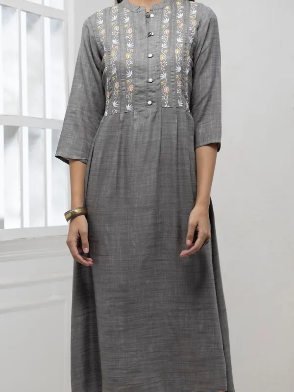 Grey Yoke Embroidered A-Line Dress