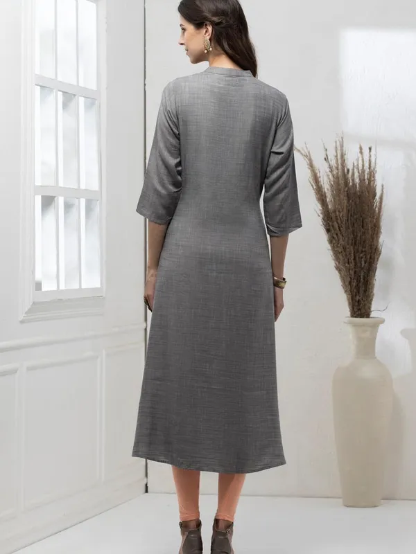 Grey Yoke Embroidered A-Line Dress