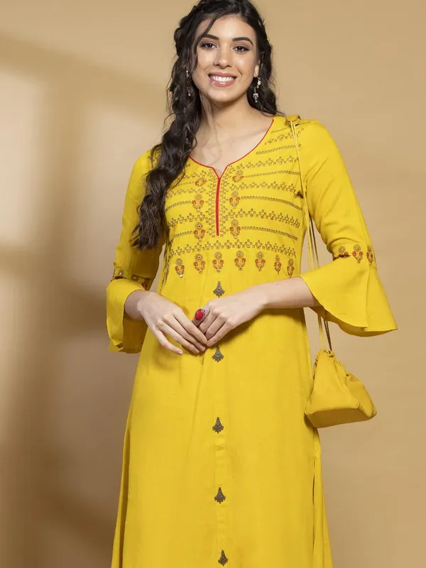 Mustard Embroidered Flared Dress