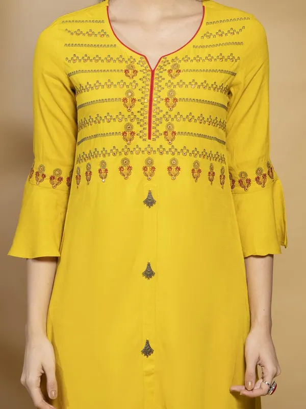 Mustard Embroidered Flared Dress