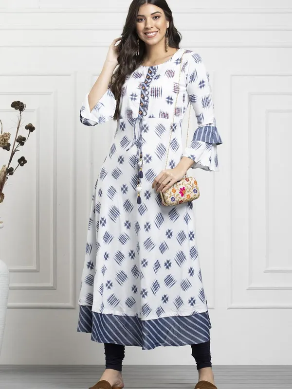 White Grey Printed Cotton Flex Flared Dress