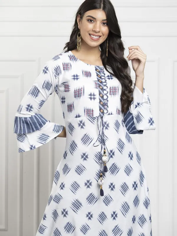 White Grey Printed Cotton Flex Flared Dress