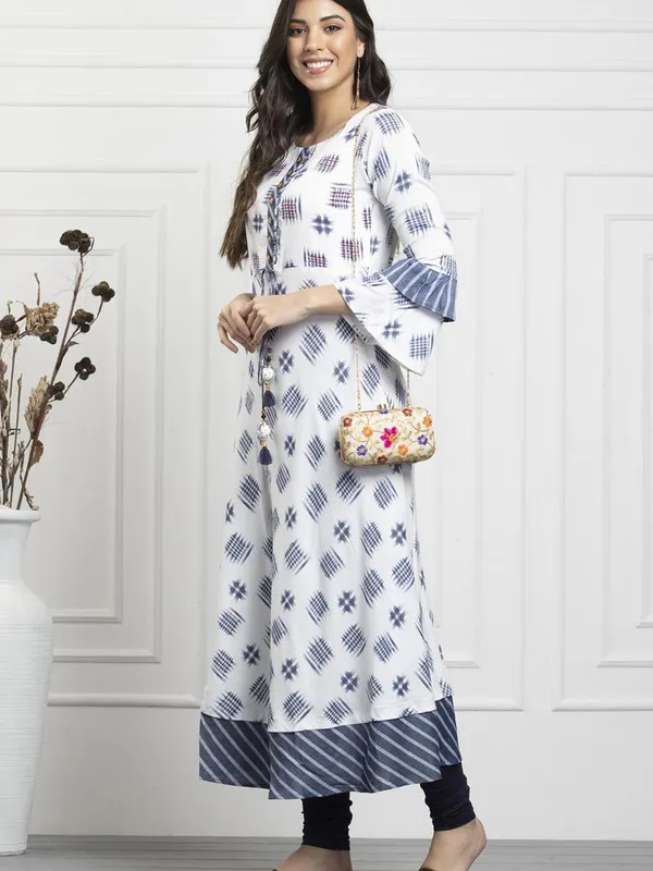 White Grey Printed Cotton Flex Flared Dress