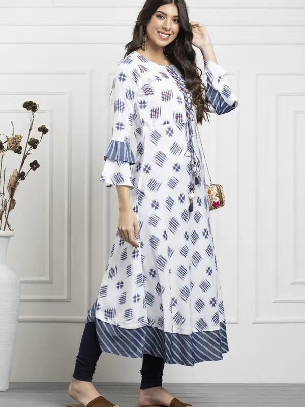 White Grey Printed Cotton Flex Flared Dress