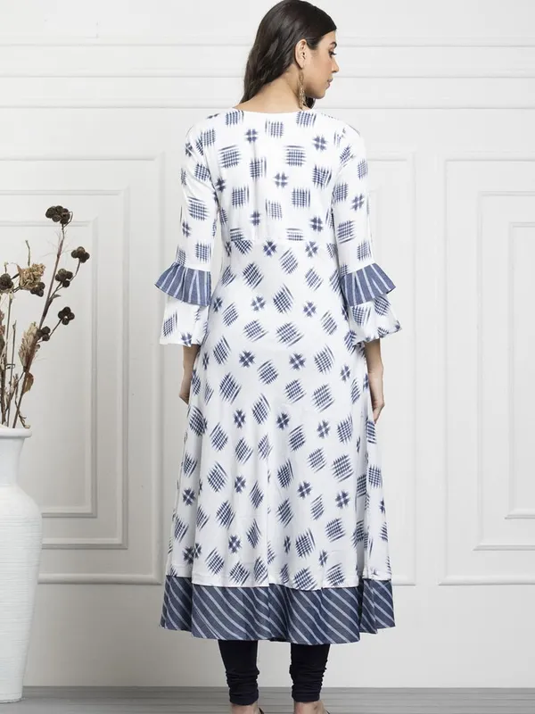 White Grey Printed Cotton Flex Flared Dress