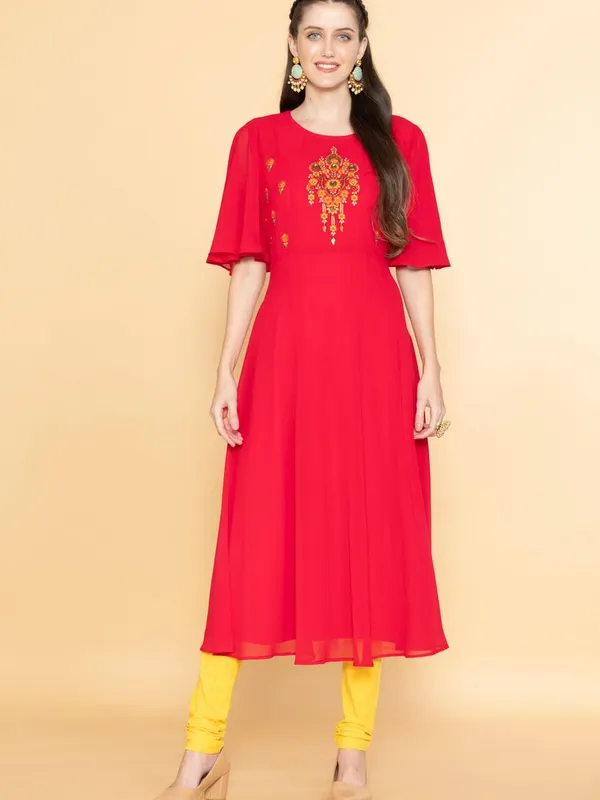 Pink Ethnic Motifs Yoke Embroidered Midi Dress