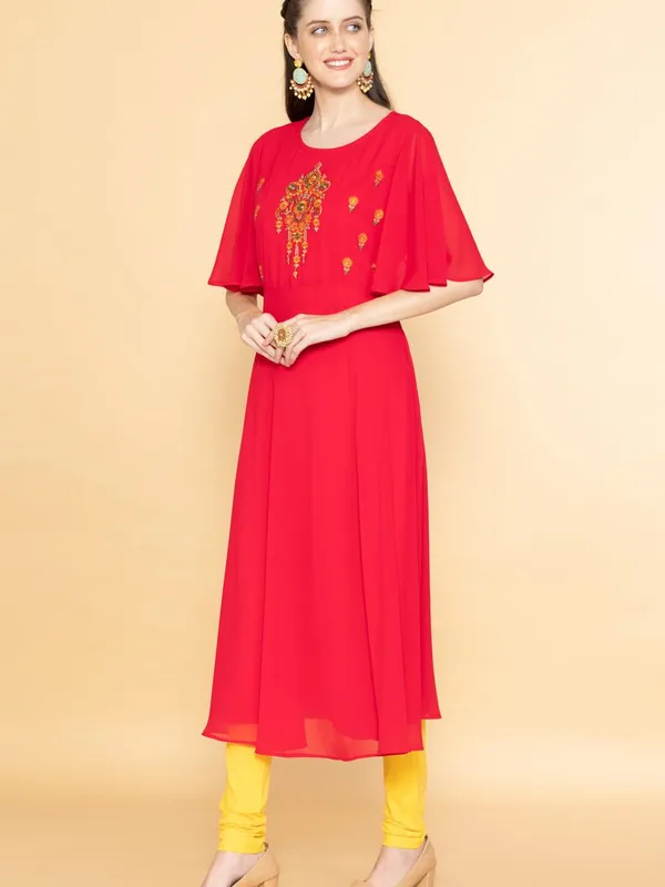 Pink Ethnic Motifs Yoke Embroidered Midi Dress