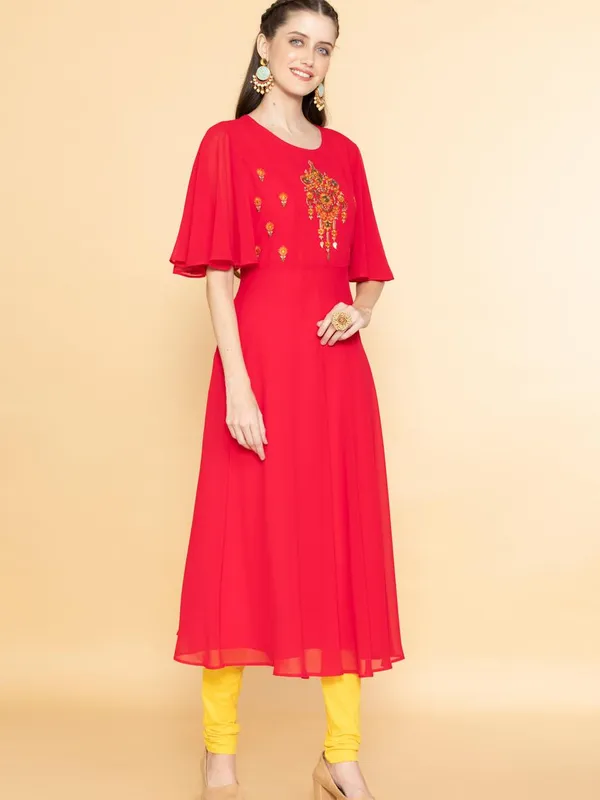 Pink Ethnic Motifs Yoke Embroidered Midi Dress