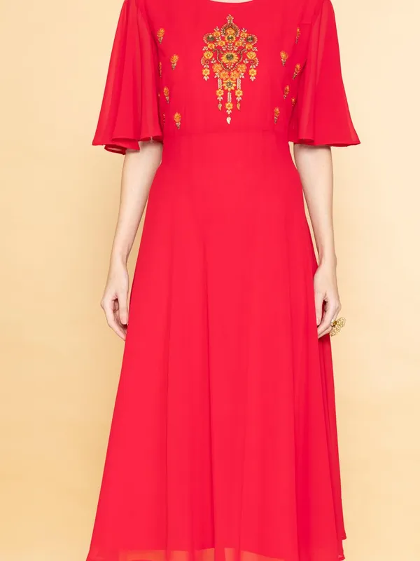 Pink Ethnic Motifs Yoke Embroidered Midi Dress