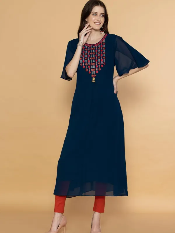 Teal Blue Ethnic Motifs Yoke Embroidered Midi Dress