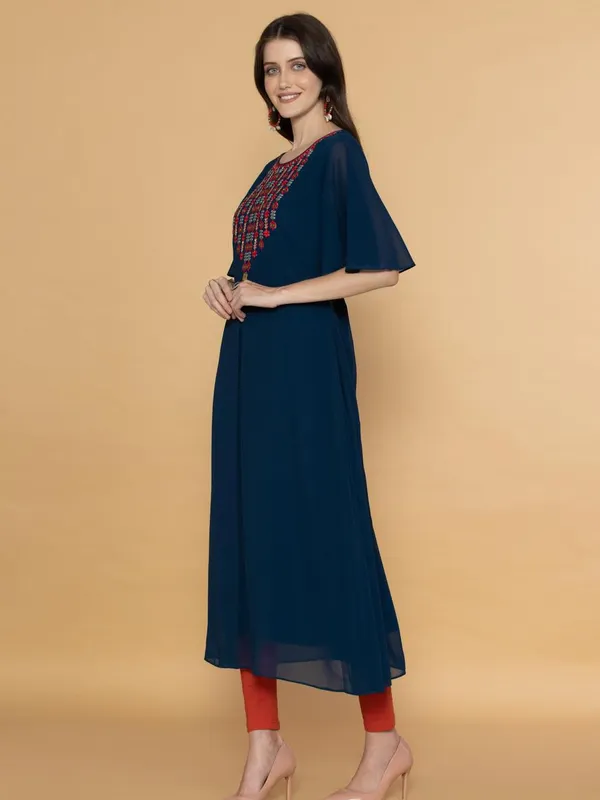 Teal Blue Ethnic Motifs Yoke Embroidered Midi Dress