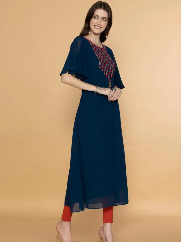 Teal Blue Ethnic Motifs Yoke Embroidered Midi Dress